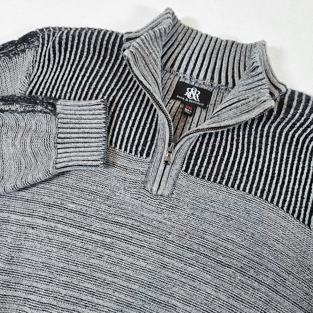 Rock & Republic Quarter‎ Zip Sweater Mens XXL Gray Black Marl Textured Ribbed
